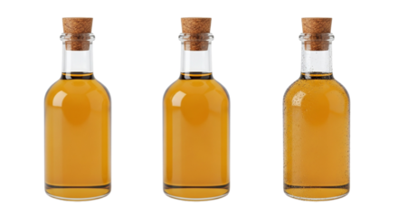 Amber Elixir Three Glass Bottles of Golden Liquid Cork Stoppers Vintage Beverage Still Life on transparent background