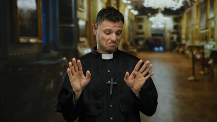 Naklejka premium Man wearing a priest outfit gestures indoors at a museum setting with art displays under warm lighting.