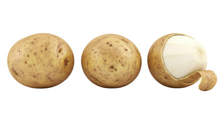 Three Potatoes Close Up Whole Peeled Raw Food Staple Vegetarian Diet Farm Fresh Produce on transparent background