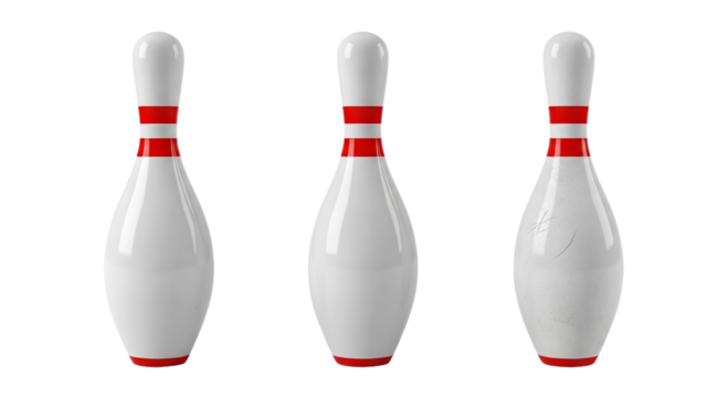 Bowling Pins Strike Three White Bowling Pin Red Stripes 3D Render Bowling Game Competition on transparent background - Powered by Adobe