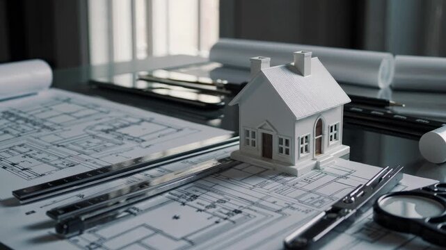 A close-up, angled shot of architectural blueprints with a small house model, rulers, and pens, creating a professional design video concept.