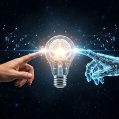 Human hand and ai collaborate on idea, intelligence innovation
