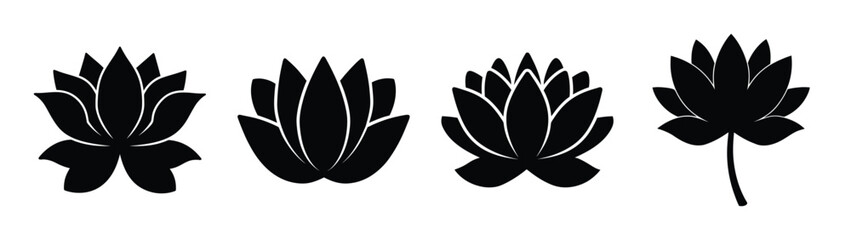Four black lotus flower silhouettes with textured outlines representing spiritual growth and tranquility