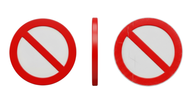 Red prohibition sign three views restrictions stop do not enter forbidden safety compliance on transparent background