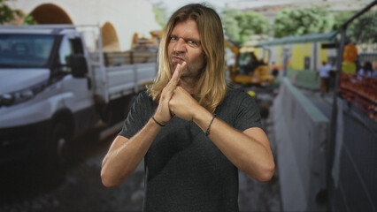 Man holds open palm forward and clenches fist at building site beside white truck under bright sunlight; defiance.