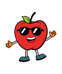 Whimsical Apple Cartoon Character with Sunglasses Waving Welcome on a Black Background Illustration