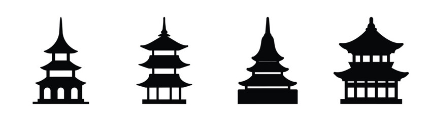 Collection of four stylized black pagoda silhouettes traditional east asian architectural designs