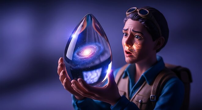 Astonished explorer discovers a swirling galaxy captured within a luminous crystal teardrop, hinting at cosmic wonder and profound discovery,Genertaed Image