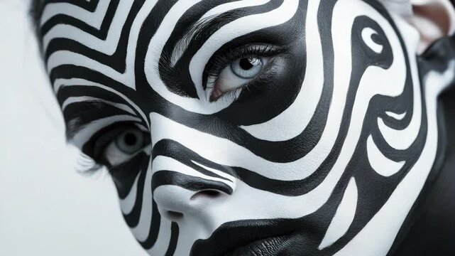 A model with face paint mimicking a zebra pattern, showcasing the artistry of body paint as an alternative to tattoos.