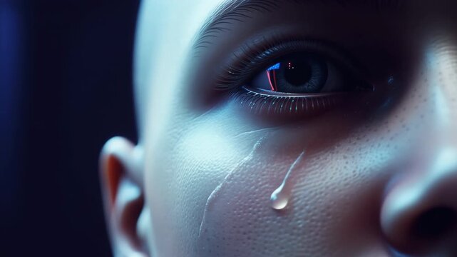 A close-up view of a humanoid robot showcasing a realistic expression of sadness with a tear rolling down its cheek. This moment highlights advanced AI emotions
