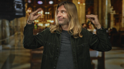 Blond man with long hair frames air with hands amid gothic columns in candlelit building interior; contemplation.