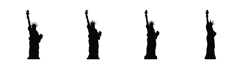 Four silhouette statues of liberty appear in a row as iconic symbols of freedom