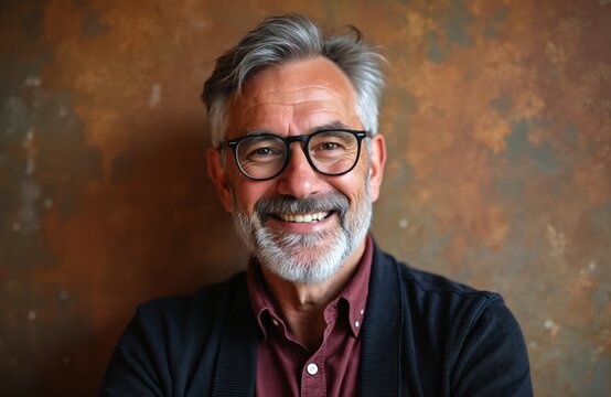 Happy middle aged man with grey hair, beard looking at camera. Confident senior person in glasses smiling. Closeup portrait of cheerful caucasian businessman showing white teeth. Successful old guy