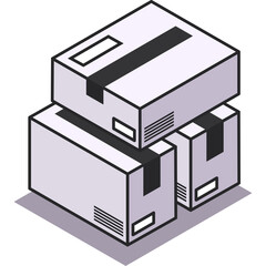 Three Light Purple Cardboard Boxes Stacked in a Row with Black Tape and White Labels Isometric View on Transparent Background
