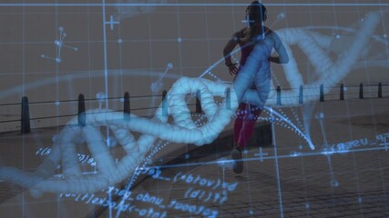 Woman runner entering right, running path, DNA helix overlaying partly hiding her, health training - Powered by Adobe