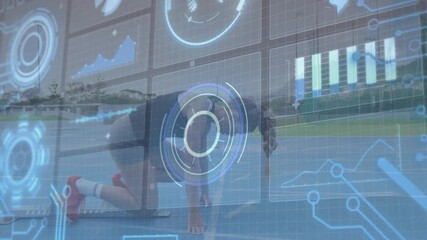 Woman athlete starting on all fours on blue track, doing tuck jumps, training core, HUD overlaying - Powered by Adobe