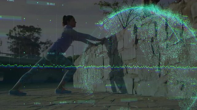 Woman approaching wall planting hands holding lunge for fitness while waveform and globe responding