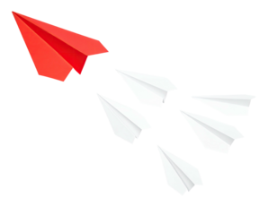 A red paper airplane leads several white ones on a black background, representing leadership