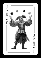 Black Joker, playing card. An original design of a Joker playing card featuring a medieval jester in a cartoon style. Medieval jester. Vector illustration