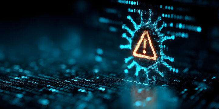 System hacking with info message. Background with a code on a blue background and a virus warning. Cyber security and cybercrime