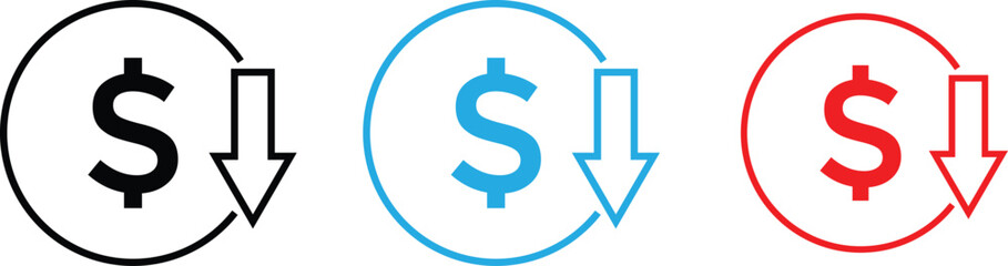 Cost reduction icon. price lower arrow. Price Reduction sign. Save Money symbols. Cost Cutting Icons. Money Saving Graphic designs