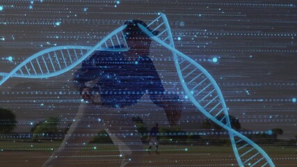 Pitcher striding into windup releasing ball delivering baseball pitch while DNA helix overlaying - Powered by Adobe