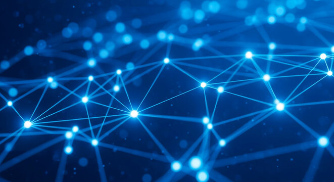 Abstract blue network, glowing nodes connected by lines, creating a digital connection visualization, symbolizing technology, communication, and global network