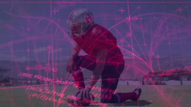 Football kicker placing ball on tee, readying for kick, pink overlay intensifying over player