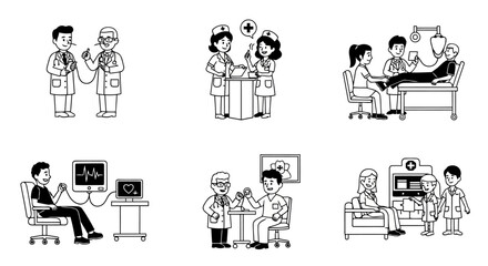 Fototapeta premium Includes six different style illustration and white background funny illustration cartoon medical scenes in pure black silhouette. Depicts doctor checkup, nurse assistance and health care teamwork. Su