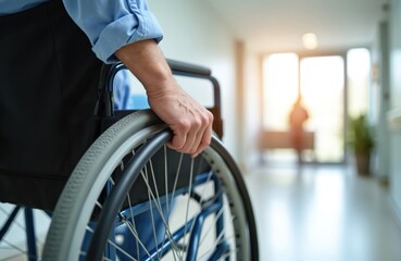 Obraz premium Closeup of man hand on wheelchair in hospital corridor. Disabled patient during medical recovery, rehabilitation after injury. Person with mobility impairment gets support, care, assistance from