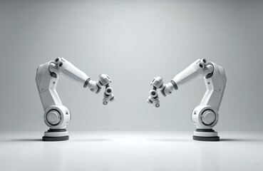 Two white robotic arms positioned opposite on light gray studio background. Mechanical limbs designed for automated tasks, suggesting advanced industrial production scientific research.
