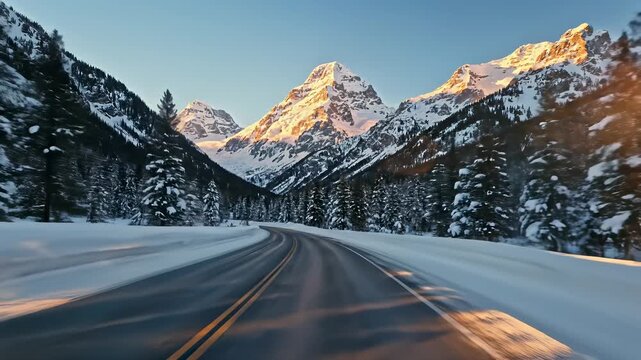 A serene winter landscape unfolds with a car driving down a winding road, flanked by snow covered trees and majestic mountains in the background, capturing the concept of peaceful escapism or.