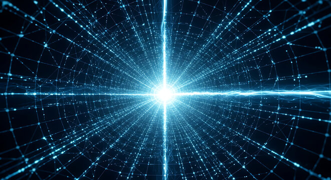 Abstract glowing blue light tunnel with geometric patterns and bright center