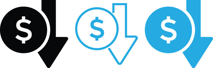 Cost reduction icon. price lower arrow. Price Reduction sign. Save Money symbols. Cost Cutting Icons. Money Saving Graphic designs