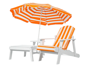 Leisure scene featuring a striped orange umbrella, a lounge chair, and a footrest, all white