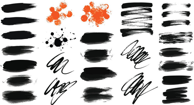 Collection of black ink brush strokes and splatters with orange watercolor accents