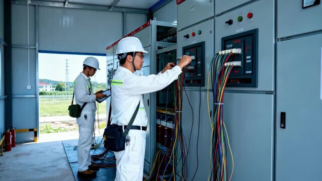 Technicians connecting control panels inside a modern suburban substation building showcasing precise operational work in power distribution networks.