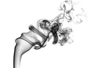 A grayscale depiction of curling smoke on a solid black backdrop, appearing artistic