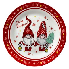 Top view of a festive Christmas ceramic plate featuring two adorable gnomes, isolated on white background.