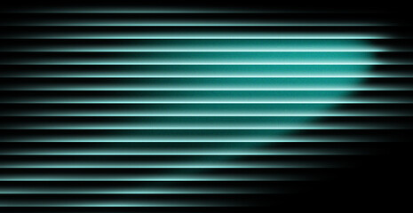 Mysterious teal light filters through horizontal blinds creating dramatic shadows and an intriguing atmosphere perfect for suspense or modern design.