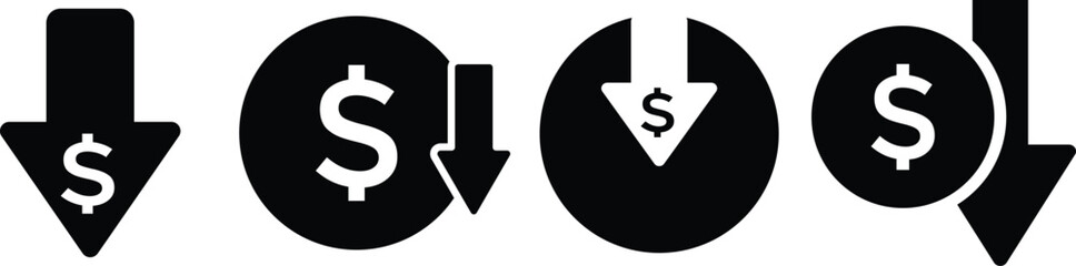 Cost reduction icon price lower arrow. Price Reduction sign. Save Money symbols. Money Saving Graphic designs. Cost Cutting Icons
