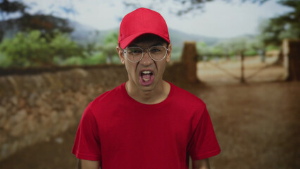 Man wearing red cap and red t shirt shouting with open mouth under sunlight in forest; frustration solitude.