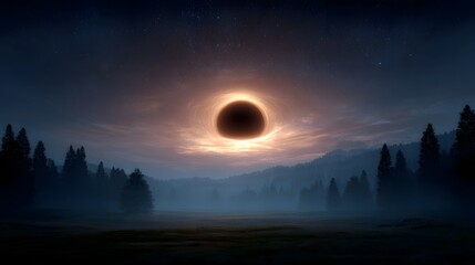 A cosmic black hole with a luminous accretion disk hovers above a misty forest landscape during twilight under a starry sky