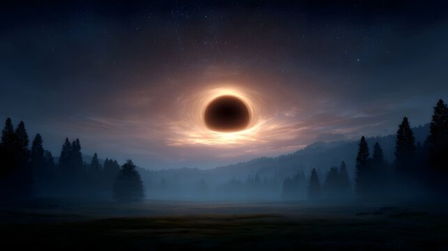 A cosmic black hole with a luminous accretion disk hovers above a misty forest landscape during twilight under a starry sky