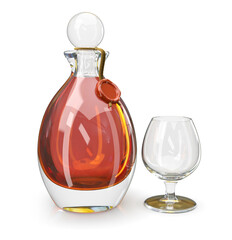 Glass and bottle of cognac or whiskey with wax seal. 3d illustration on white background