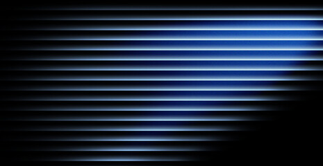 Captivating abstract blue light streaks cascade across dark horizontal blinds creating a modern, sophisticated, and atmospheric background for design.