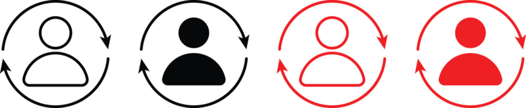 Replace person icon set. User change symbol. Person with arrow change icons. Profile switch and substitution sign