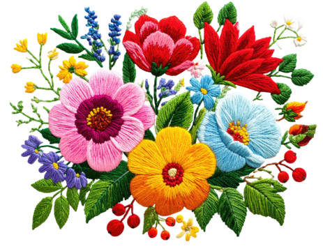 Embroidered collection of vibrant, colorful flowers with detailed stitching and green leaves - Powered by Adobe