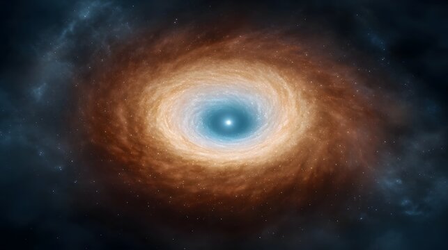A luminous swirling accretion disk surrounds a bright celestial core in the deep expanse of space - Powered by Adobe