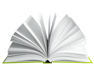 An open book, pages fanned, with a green cover on a black background